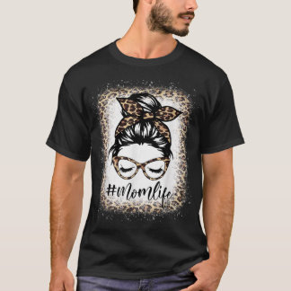 T-shirt Maman Vie Leopard Messy Bun Bleached Femmes Mères
