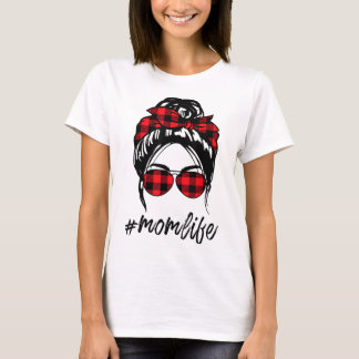 T-shirt Maman Vie Messager Bun Cheveux Leopard Plaid Momli