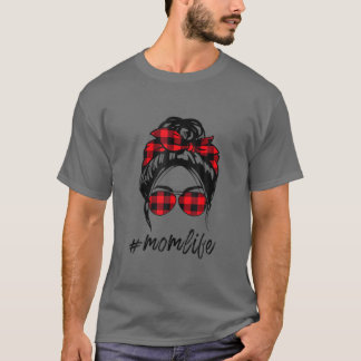 T-shirt Maman Vie Messager Bun Cheveux Leopard Plaid Momli