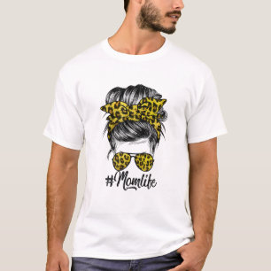 T-shirt Maman Vie Messy Cheveux Bun Leopard Femmes Fête de