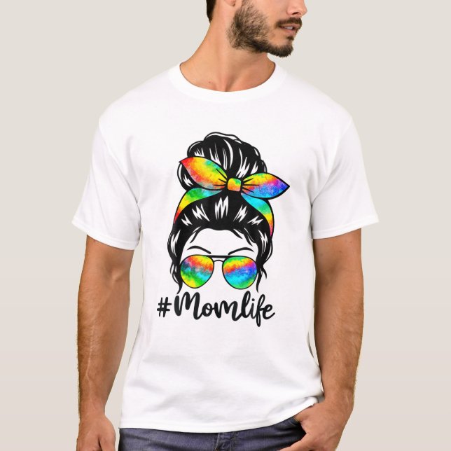 T-shirt Maman Vie Messy Cheveux Bun Tie Dye Femmes Fête de (Devant)