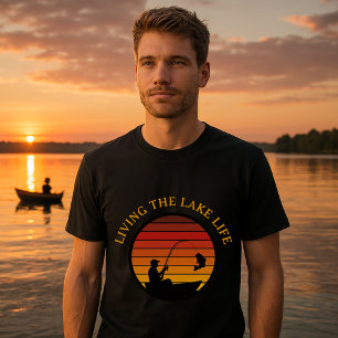 T-shirt Man Fishing Retro Sunset Lake Modèle de vie