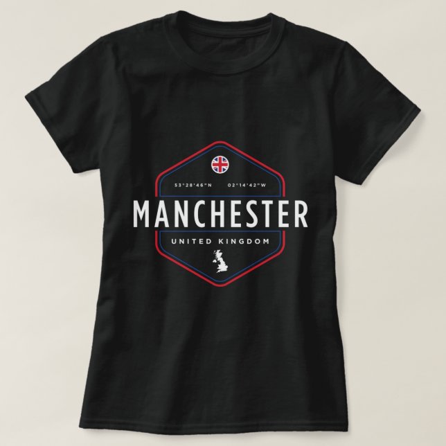 T-shirt Manchester Royaume-Uni Carte Drapeau Graphique Tir (Design devant)
