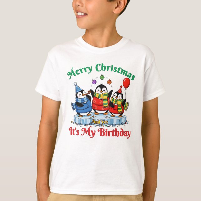 T-shirt Manchots drôles, Joyeux Noël Anniversaire (Devant)