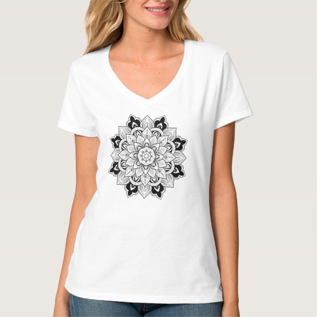 T-shirt Mandala floral noir et blanc (Devant)