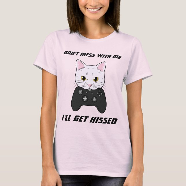 T-shirt Manette de caricature blanche foncée Gamer Cat (Devant)