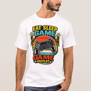 T-shirt Manger Dormir Jeu Répéter Manette Rétro