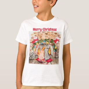 T-shirt Manoir de Noël confortable avec chien et chat