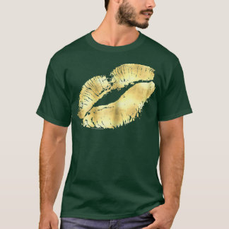T-shirt Maquillage Kiss Lipstick Imprimé Or Femmes 80s