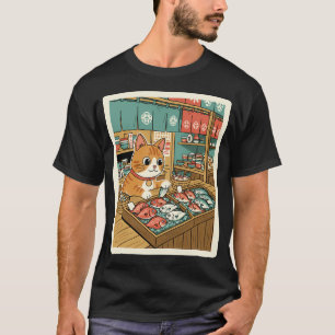 T-shirt Marché de poissons chats style japonais mignon