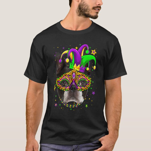 T-shirt Mardi Gras Boston Terrier Chien perles Masque Mar (Devant)