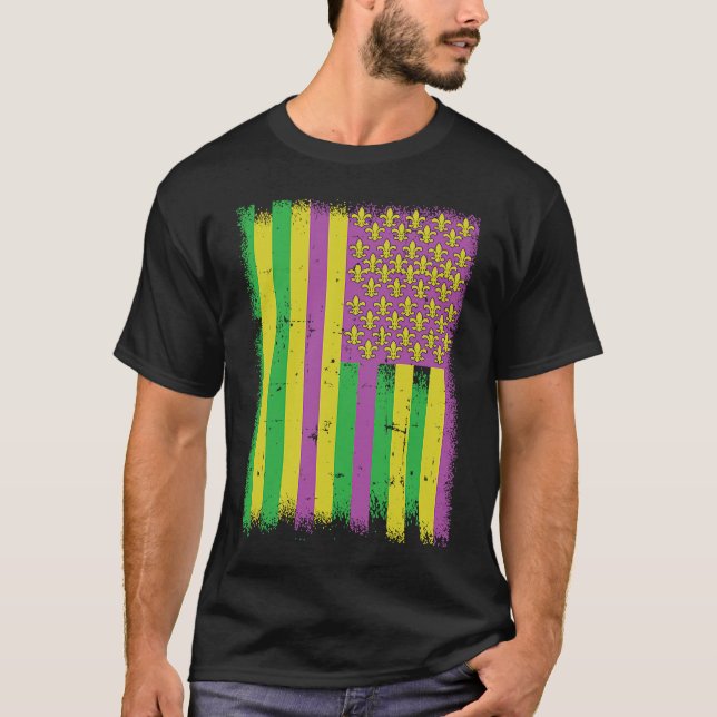 T-shirt Mardi Gras Drapeau Américain Vert Jaune Violet (Devant)