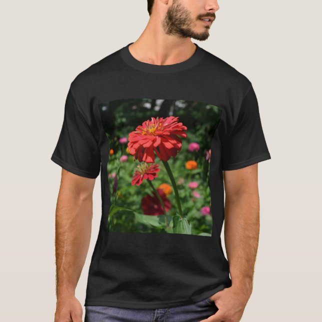 T-shirt marguerite rouge orangé fleuri, jardin de fleurs r (Devant)