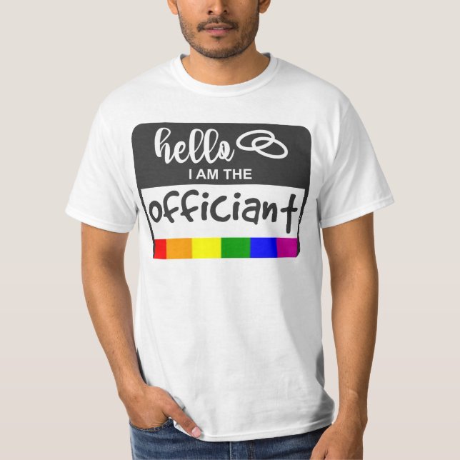 T-shirt Mariage drapeau arc-en-ciel Bonjour Nom Badge Offi (Devant)