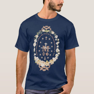 T-shirt Marian Catholic Virgin Mary Marian Cross Floral Re