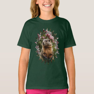T-shirt Marmotte mignonne avec Arrière - plan Rhododendron