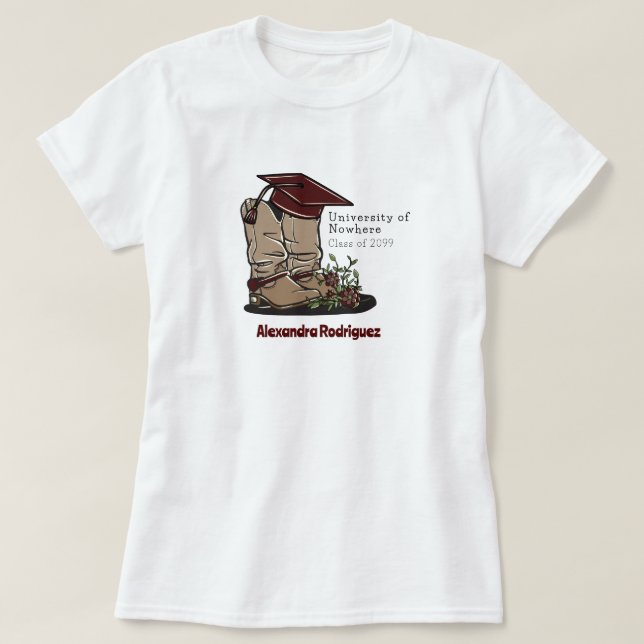 T-shirt Maroon Cowboy Boot Graduation Cap & Fleurs (Design devant)