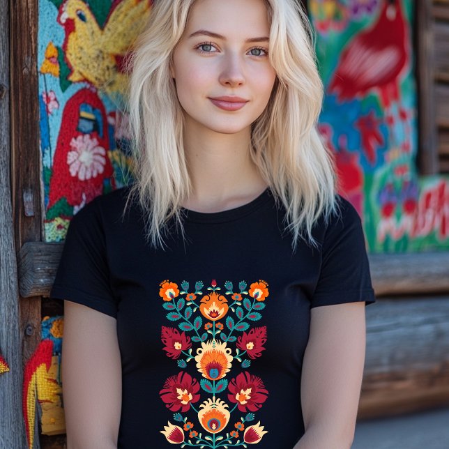 T-shirt Maroon, turquoise et jaune pastel Folk Wycinanki (Beautiful polish folklore composition)