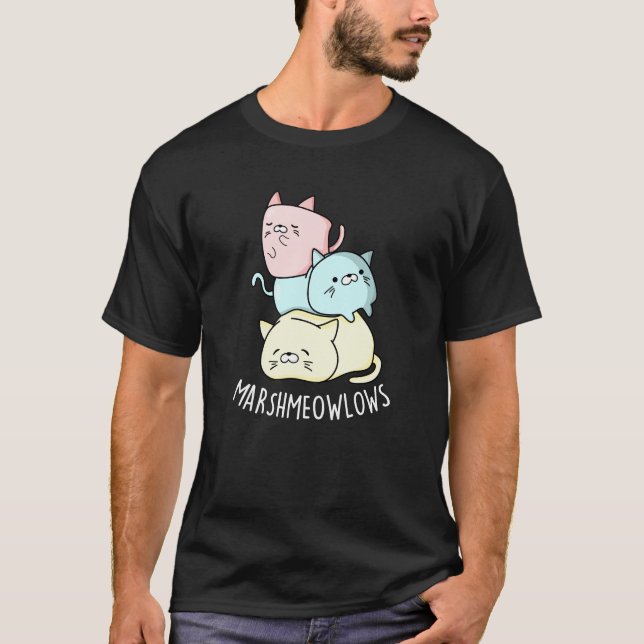 T-shirt Marsh-meow-low Funny Chat Marshmallow Pun Dark BG (Devant)