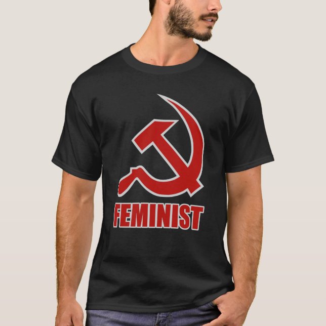 T-shirt Marteau et faucille féministes rouges et gris sur (Devant)