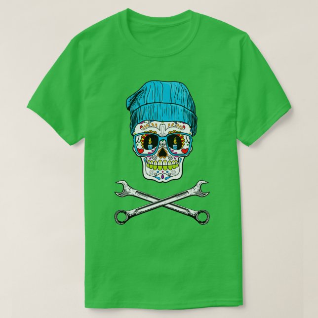 T-shirt Masque de crâne moto avec poignées croisées course (Design devant)