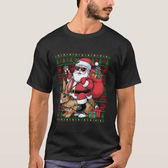 T-shirt Mauvais Noël Lumières Drôle Père Noël équitation R (Devant)