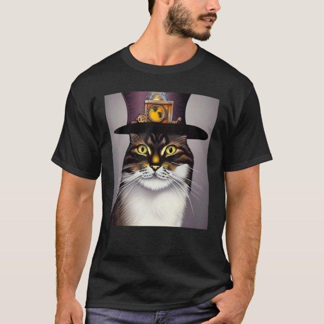 T-shirt Mechanical Cat Ingenuity Unleash Steampunk AI Cat  (Devant)