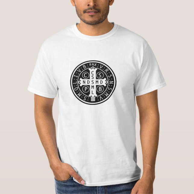 T-shirt Médaille de St Benoît, chemise blanche seulement (Devant)