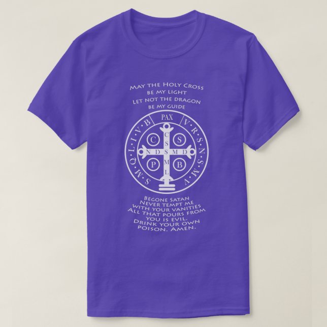 T-shirt Médaille Saint Benoît avec prière bleu foncé (Design devant)