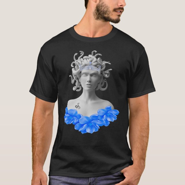 T-shirt Medusa Gorgon Mythologie grecque Bleu Floral (Devant)