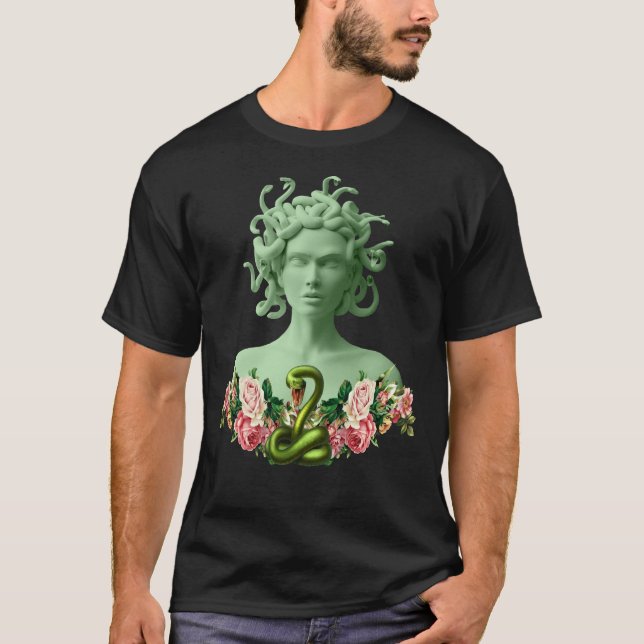 T-shirt Medusa verte Gorgon Mythologie grecque Pink Floral (Devant)