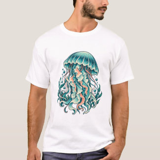 T-shirt Méduse sarcelle aux tentacules océaniques ondoyant