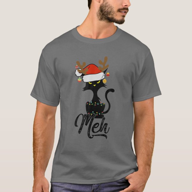 T-shirt Meh Black Cat Christmas, Funny Anti Christmas Cat (Devant)