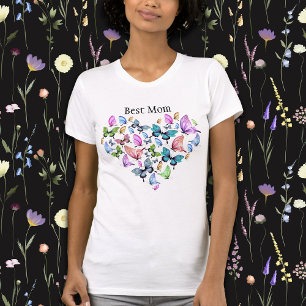 T-shirt Meilleure maman Papillons colorés Coeur V Cou
