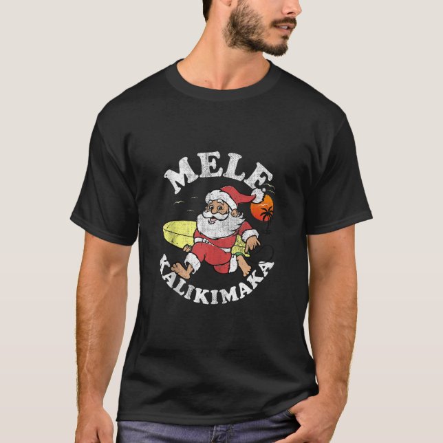 T-shirt Mele Kalikimaka Christmas Santa Surfing a Wave Sha (Devant)