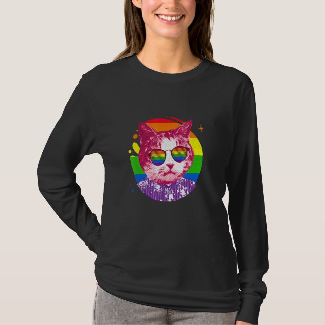 T-shirt Mème de chat Rainbow Lunettes de soleil Lgbt Fiert (Devant)