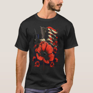 T-shirt Memorial Day Red Poppy Flower USA Drapeau 4 juille