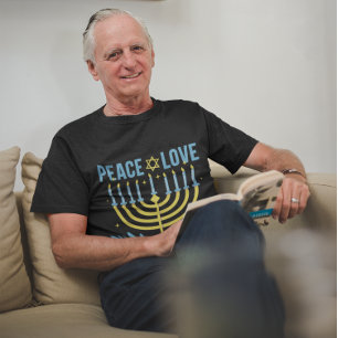 T-shirt Menorah Star de David Bleu Jaune Hanoukka Noire