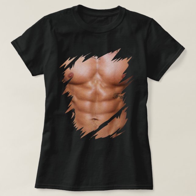 T-shirt Mens Faux Muscles Écrits Torn Poitrine Six Pack Ab (Design devant)