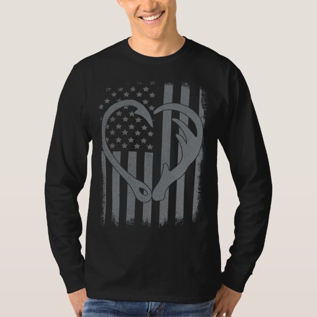 T-shirt Mens Fishing Hunting US Flag Husband Dad Hook Horn (Devant)