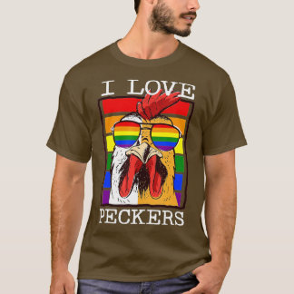 T-shirt Mens I Love Peckers Rooster Gay LGBT Rainbow Chick