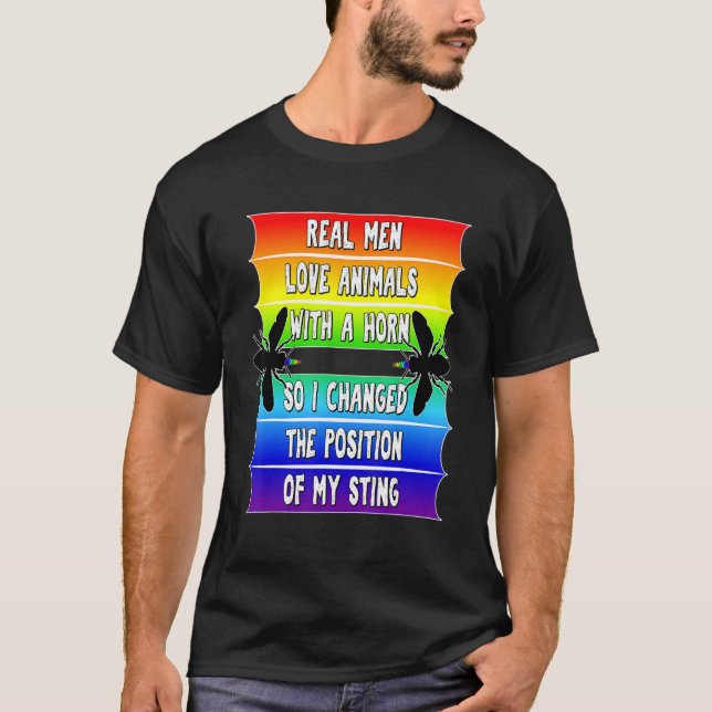 T-shirt Mens Real Men Pride LGBTQ Bees Funny Gay Rainbow B (Devant)