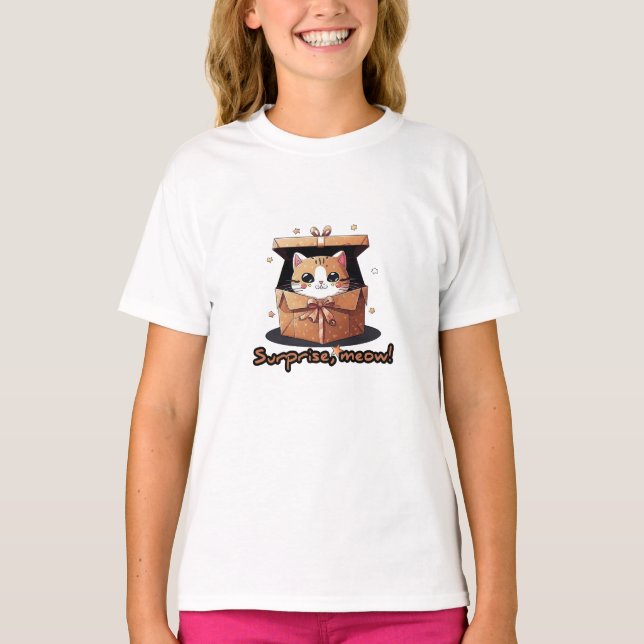 T-Shirt Meow Surprise, Chat Popping hors de la boî (Devant)