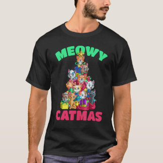 T-shirt Meowy Catmas Chat Arbre de Noël Xmas Filles Garçon