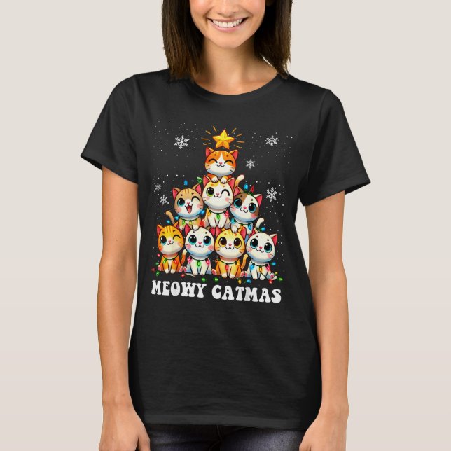 T-shirt Meowy Catmas Funny Christmas Tree Lights Cute Cat  (Devant)