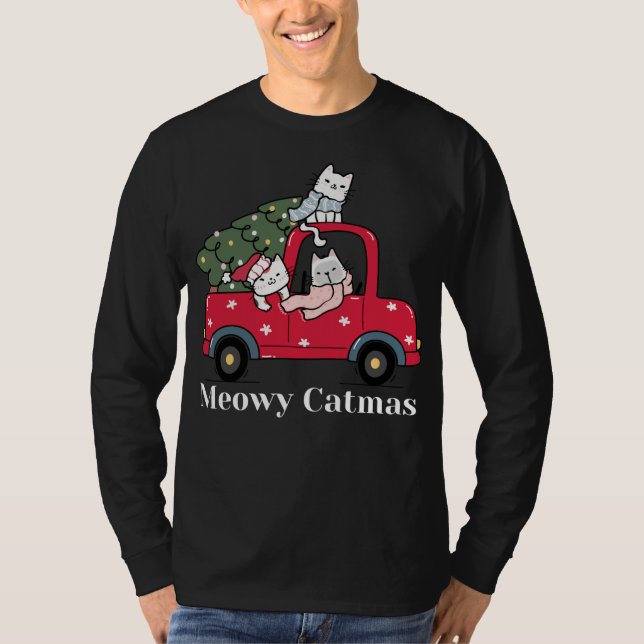 T-shirt Meowy Catmas Funny Noël Chat Camion Rouge (Devant)