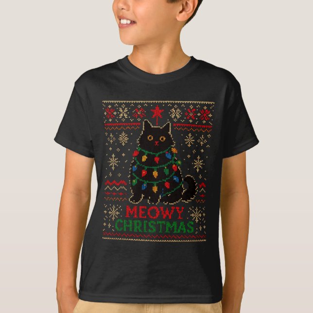 T-shirt Meowy Christmas Xmas Lights Cat Ugly Sweater Pajam (Devant)