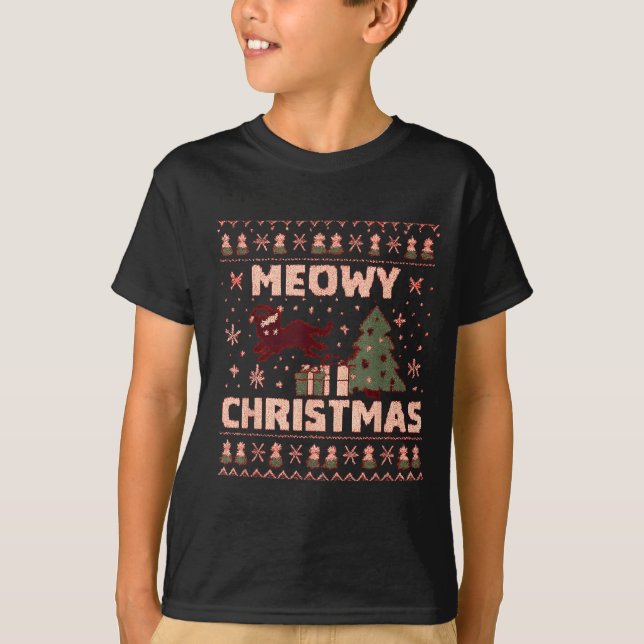 T-shirt Meowy Christmas Xmas Tree Cat Ugly Sweater Pajamas (Devant)