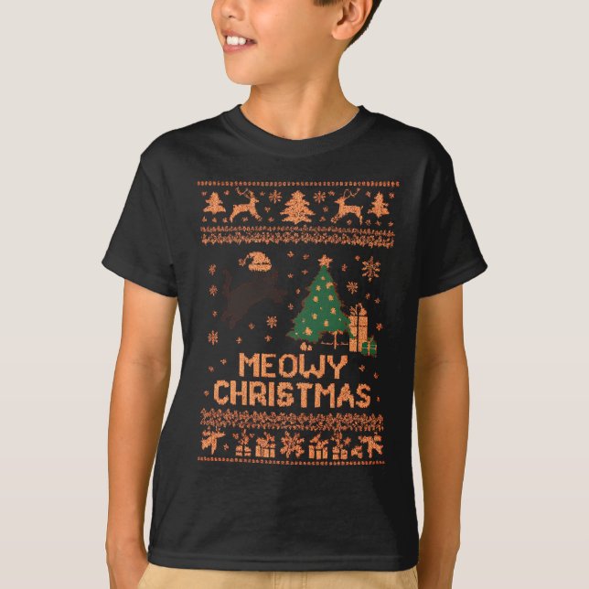 T-shirt Meowy Christmas Xmas Tree Cat Ugly Sweater Pajamas (Devant)