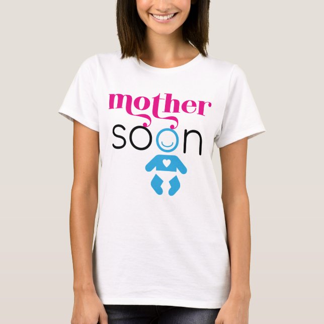 T-shirt Mère Bientôt futur bébé garçon rose bleu noir drôl (Devant)